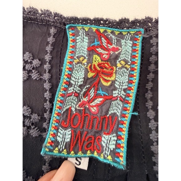 Johnny Was Dress S Black Tonal Sheer Embroidered Tunic Boho Peasant Lace Hem - Picture 10 of 11